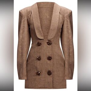 PLT LABEL BROWN TEXTURED BUTTON PLUNGE BLAZER DRESS